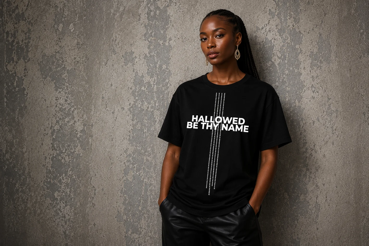 Woman standing against a concrete wall wearing the Hallowed Be Thy Name tee